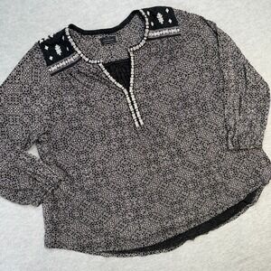 Lucky Brand Top Womens 3X Black White Geometric Embroidered Shirt Blouse Boho